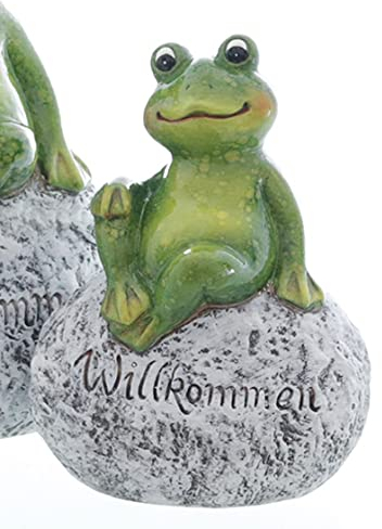 ETC lustiges Dekoobjekt aus Keramik als Gartendeko putziger Frosch auf Stein mit Schriftzug Willkommen in verschiedenen Größen (mittel ca. 17,5 cm hoch)