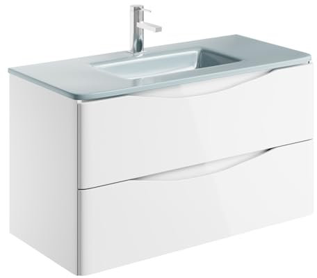 Eaton White Wall Hung Vanity Unit Includes White Glass Basin Bathroom Furniture Storage Unit 900mm