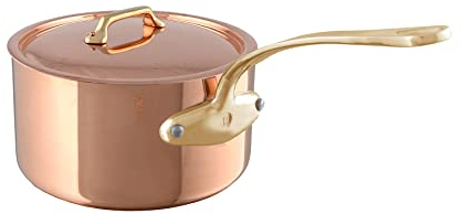 Mauviel M'Heritage 200 B Stielpfanne aus poliertem Kupfer und Edelstahl, 2 mm, mit Deckel und Messinggriffen, 1,8 l, hergestellt in Frankreich