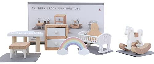 URFEDA Puppenhaus Möbel und Zubehör Holz, Miniatur Puppenhaus Holzmöbel Zubehör,Puppen Möbel für Mini Puppen, Küche, Esszimmer, Wohnzimmer, Kinderzimmer,Schlafzimmer, Badezimmer für Spielhaus