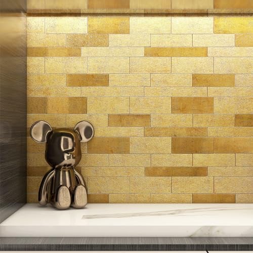 VAOVI Selbstklebende Mosaik Fliese Gold Küche Wand,Wandfliese Metall mit Facette Gold Matt und Glänzend Fliesenaufkleber Metro(10 Matte)