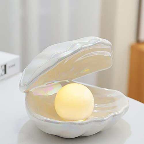 Muschel Perle Nachtlicht,Keramik Shell Dekorationen,Nachtdekor Dekorative Lampe,Keramik Desktop-Lampe,LED Lampe,Sommer Strand Seestern Keramik Ornament,für Schlafzimmer bettseite Dekorative (Weiß)
