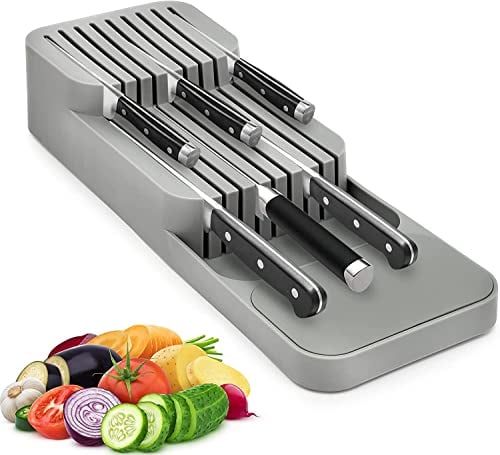 LATRAT Knife Block for Drawer, 2-layer Design, Grey, Polypropylene, Modern Style, 9 Slots for 9 Knives