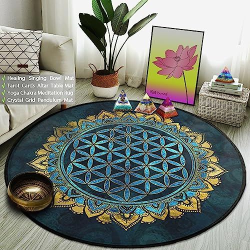XIAOHUKK Mandala Blume des Lebens, runder Teppich, Wohnzimmer, Sofatischkissen, weicher Schwamm, Schlafzimmer, Nachttischteppich, Badezimmerdekorationsteppich