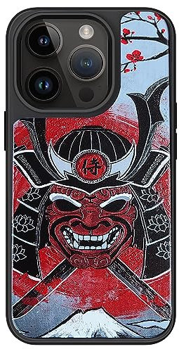 AUKIYUI Designed for iPhone 14 Pro Case, Japanese Design Phone Case Shockproof Hard Back with Non-Slip Soft Bumper Cover, Aesthetic Red Samurai Print Cool Embossed Pattern, Black 6.1