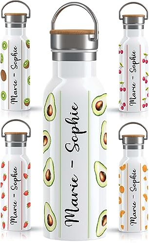 OWLBOOK Tropische Früchte Avocado Trinkflasche personalisiert Edelstahl Wasserflasche für Frauen Damen - Thermosflasche [600ml] - nachhaltige Sportflasche auslaufsicher schadstofffrei | BPA frei