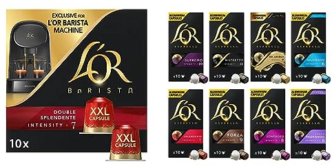 L'OR - Capsules XXL - Splendente - Intensité 7 - Torréfaction Légère - Compatibilité Exclusive L'OR BARISTA® - 5 lots de 10 capsules aluminium & Assortiment de 80 capsules