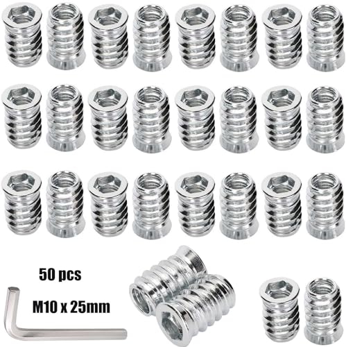 CRLYLC 50 tuercas roscadas de madera M10 x 25, casquillo roscado, manguitos de rosca con borde de cubierta, 1 llave hexagonal, inserto de rosca de acero galvanizado