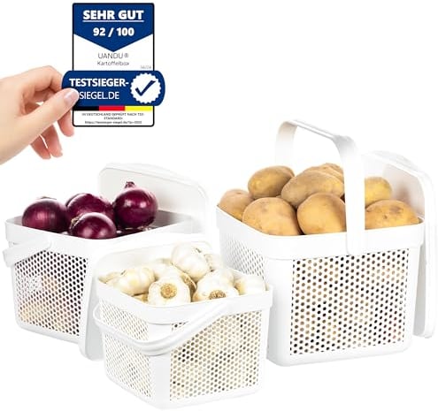 uandu Kartoffel Aufbewahrungsbox Küche 3er Set, Knoblauch Aufbewahrung, Kartoffelbox, Kartoffelkiste, Zwiebelbox, Regal Korb, Aufbewahrungskorb für Bad, Vorratskorb, Korb für Spielzeug