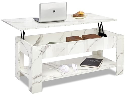 Blisswood High Gloss Coffee Table For Living Room, Wooden Coffee Tables With 1 Shelf Large Hidden Storage Rectangular Lift-Top End Tea Table (White Marble, 120W x 60D x 49.5-62.5 H cm)