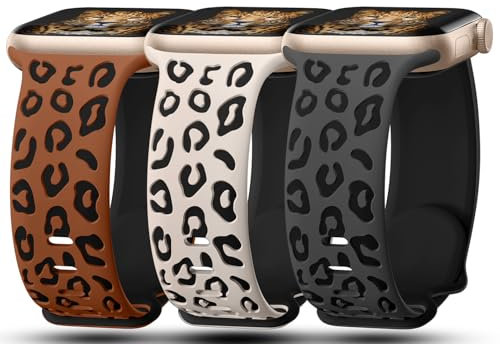 DG-BR-SLBK Armbänder mit Leoparden-Gravur, kompatibel mit Apple Watch, für Damen, 42 mm, 44 mm, 45 mm, 46 mm, 49 mm, weiches Silikon, Gepardenprägung, Sportarmband für iWatch Serie 10, 9, 8, 7, 6, 5,