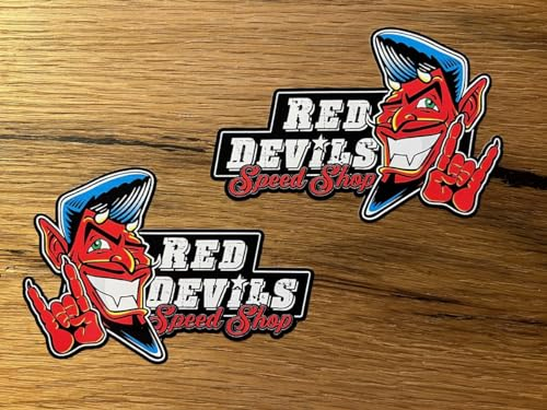 vinskool 2X Red Devil Aufkleber 10x7cm / 20x14cm / 30x21cm Kult Sticker Speedshop Set Hotrod Racing Rockabilly Tattoo V8 USA Muscle Car Tuning Oldtimer Oldschool Retro Vintage (10x7cm)