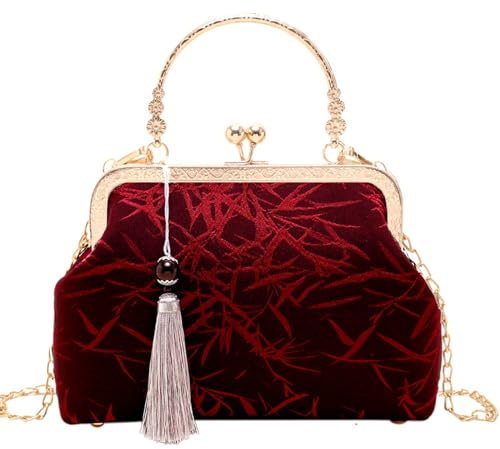 YeBon Retro Shoulder Chain Messenger Clutch Chinese Style Crane Embroidered Jacquard Women's Evening Bags (Red)