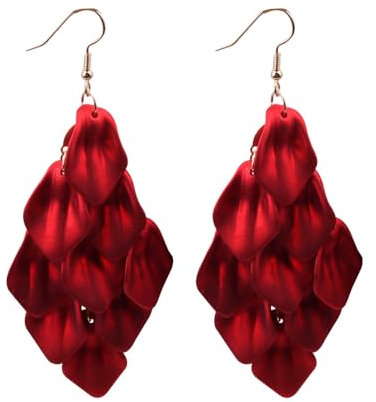 BKEPDY Acryl Ohrringe Blume Quaste Tropfen Baumeln Mehrstufige Blütenblatt Lange Boho Statement Hochzeit Brautjungfer Geschenke Zubehör Schmuck (Rot)