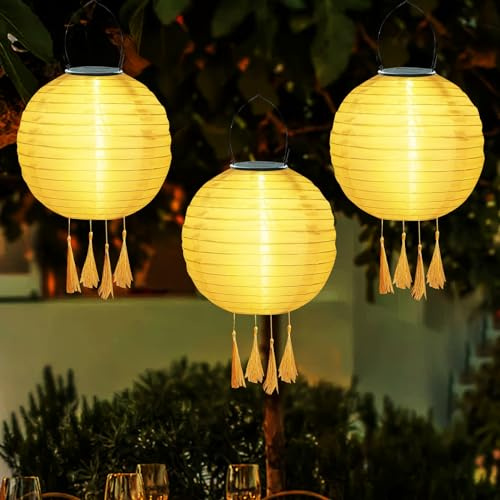 Lot de 3 lampions solaires d'extérieur de 20 cm - Résistants aux intempéries - Lanterne solaire LED étanche - En nylon - À suspendre - Pour jardin, terrasse, balcon, mariage, décoration de fête (D)