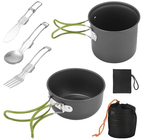 Camping Cooker Pan Set, Camping Cooking Set Portable Camping Pot and Pan Set with Foldable Cutlery, Easy to Clean, 1-2 People Cookware for Picnic Trekking and Hiking (Green)