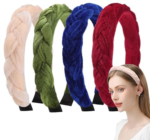 Nenjindz 4 Stück Samt Geflochtene Stirnbänder für Frauen, Mode Vintage Gepolsterte Haarbänder weiche breite verdrehte geknotete Haarreifen, Damen traditionelle Kostüm Haarbänder für Frauen Mädchen