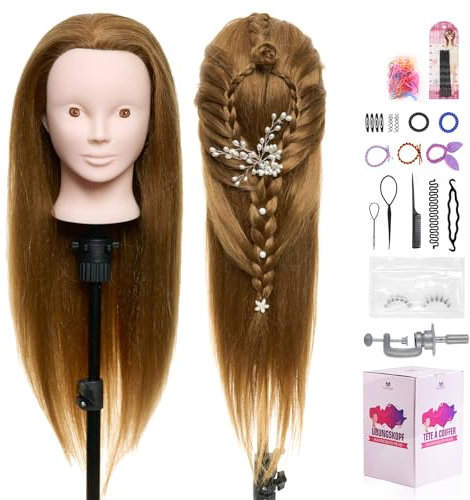 Tête à Coiffer Professionnelle 80% Cheveux Naturels Coiffure Tete a Coiffer Têtes d'exercice Cosmétologie Pratique Mannequin Poupée pour le Salon Coiffeur Poupée avec Support