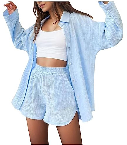 GFPGNDFHG Summer Muslin Blouse Women's Shirt and Shorts Two-Piece Clothes Aesthetic sport outfit damen bluse gestreift damen gestreifte bluse damen bikini shorts damen set damenbekleidung sommer yoga
