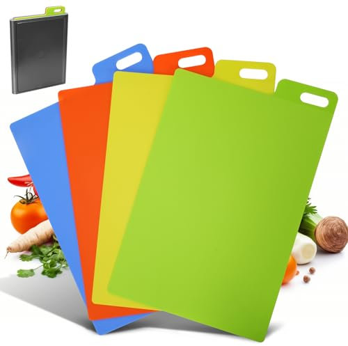 Myiosus Schneidebrett Kunststoff, 4 Stück Schneidebrett mit Griff, Rutschfest Schneidebretter für die Küche, Flexibel Schneidebrett Set mit Ständer für Gemüse, Fleisch, Obst, BPA-frei, 37.6 x 25.8cm