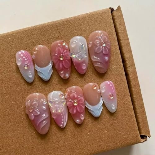 MAGLFELL Press On Nails - Medium Almond Handmade Unique Fake Nails, Thick Acrylic and Muti-Layer Gel False Nails, Reusable Gel Cured Sturdier 3D Stick On Fake Nails with Nails File Set (Size M)