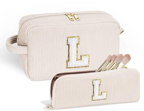 Parima Kosmetiktasche Damen Mädchen - 2 Stück Cord Kosmetiktasche Klein Beige Kulturtasche Personalisierte Geschenke für Frauen Mama Geburtstagsgeschenk für Mädchen Kosmetiktasche mit Buchstaben L