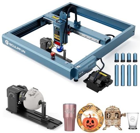 SCULPFUN SF-A9 Lasergravierer Laserschneider 40W mit Automatische Air Assist und RA Pro Rotationswalze, 36000mm/min Schnelles, DIY CNC Laser Graviermaschine für DIY Holz Metall Leder