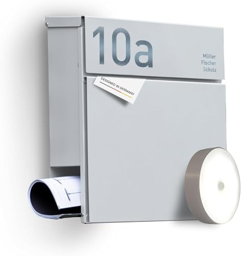 Radius® Designer Briefkasten Edelstahl - Hausnummer & Briefkasten Namensschild personalisiert mit Lasergravur - Postkasten Briefkästen inkl. Montagematerial & LED Lampe aus DE – Letterman 6 Weiss
