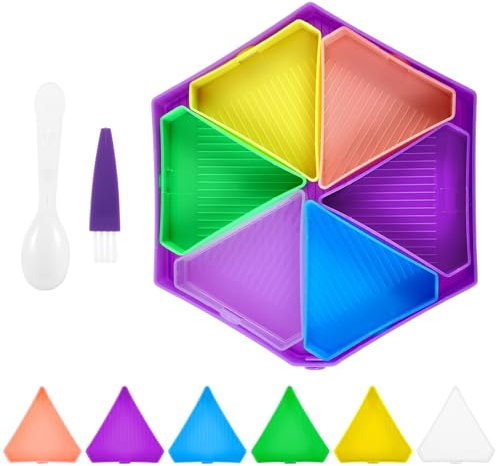Piriuuo 6 Stück Diamond Art Painting Schiffchen, Buntes Diamant-Sortiertablett aus Kunststoff 6 Dreieckige Tablett mit 1 großer Polygonaler Tablett, 1 Löffel und 1 Pinsel für DIY-kunsthandwerk
