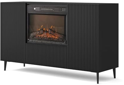Homlando Kommode Ravenna B 140 cm 2D1K mit elektrischem Kamin gefräster Front MDF Sideboard - Mehrzweckschrank - Highboard Schrank Büfett - für Wohnzimmer - Schwarz Matt