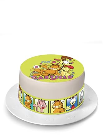 Kardasis Garfield Zuckerpapier Tortenaufleger | Essbarer Aufleger für Torten und Kuchen | Tortendekoration für den Garfield Themengeburtstag | 20 cm rund Zuckerpapier + 4 Bänder 28x4 cm