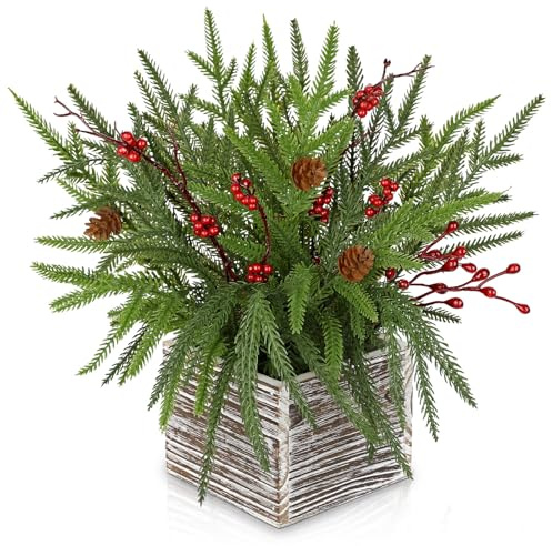 Arborus Decorazioni natalizie da tavola da 27,4 cm, pianta artificiale di pino norfolk in vaso di legno, pianta di Natale artificiale con bacche rosse e pigne, per centrotavola di Natale, decorazione