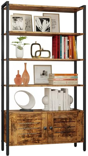 IRONCK Bücherregal mit Türen, Bücherschrank 5 Ebenen, Regal Holz Metall, Industriell Standregal mit verstellbaren Ablagen, Bookshelf für Wohnzimmer, Büro, Küche, Arbeitszimmer, Vintage Braun
