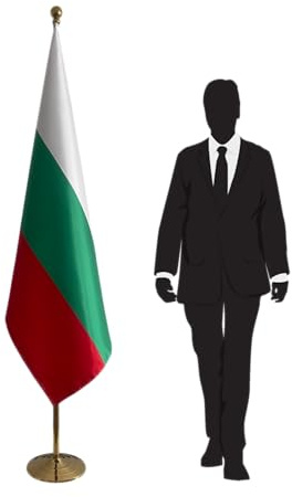 Drapeau Bulgarie avec mât et pied en inox – symbole national prestigieux pour institutions officielles, cérémonies internationales. Pied Ø 315mm, inox finition dorée, hampe pointe ronde. Code CN6-BG