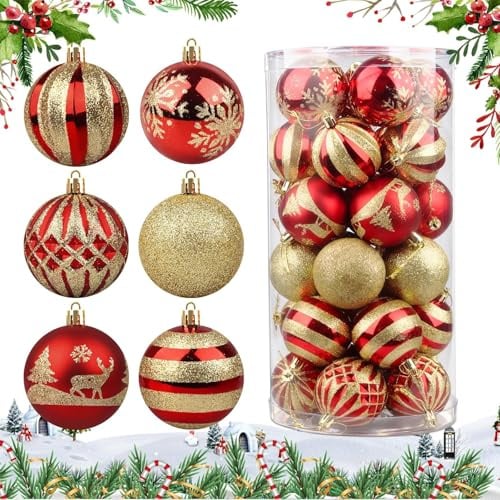 24 Stücke Kunststoff Weihnachtskugeln, Weihnachtsbaumkugeln Plastik, Christbaumkugeln Deko, Weihnachtskugeln Kunststoff Mit Glitzer, Christbaumschmuck für Party, Haus Dekoration Rot und Gold