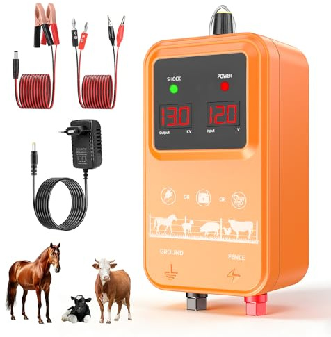15KM Recinto Elettrico per Animali, 2J Elettrificatore per Recinzione Elettrica, Tensione regolabile 7-13KV Controllore di Impulsi ad Alta Tensione Sicuro Recinzione Elettrica per Pascolo (Arancione)