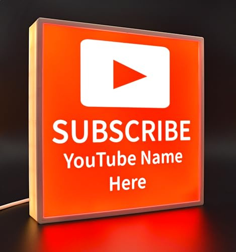 YouTube Gifts, Personalised YouTube LED Light Box – Custom Subscribe Button Sign with Your Channel Name – Creator Desk Decor, Streaming Room & YouTuber Gift