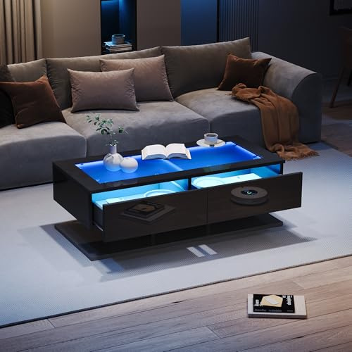 BTM Table Basse 100x50x35 cm Haute Brillance LED, Plateau Verre Tiroirs, Salon Noir