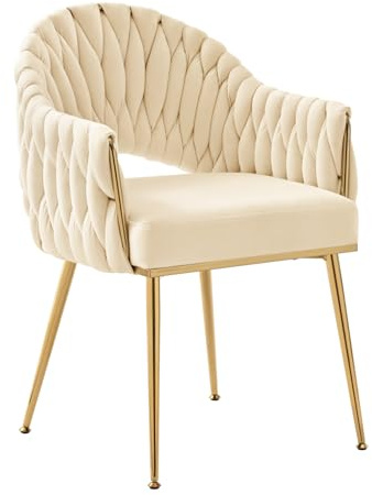 SUPPNEED Samt Esszimmerstühle, Sessel Wohnzimmer, Stühle Esszimmer mit Armlehne, Küchenstühle mit handgeflochtenen Hochlehner, Schminktisch Stuhl mit Gold Beine, Balkonstuhl(1, Weiß)