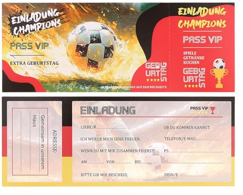 KIUEZIR 12 x Fussball Einladungskarten Geburtstag, VIP-Ticket Style Einladungskarten Konfirmation mit Ausfüllfeldern, Sport Design für Party Feier & Event