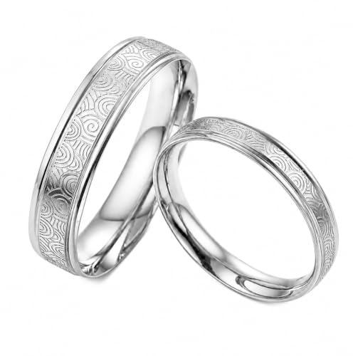 Gemini Silber Gravierte His & Her Custom Personalized Wedding Ring Set | Premium Titanium Ornamental Engraving Mirror Polish Lightweight Comfort Custom Engraving Durable Silver Couple Bands