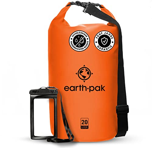 Earth Pak – Wasserdichter Packsack mit Schultergurt und wasserfester Handyhülle – Ideale Rolltop Tasche beim Kajak Fahren, Wandern, Camping, Angeln, Bootfahren und Rafting (Orange, 20L)