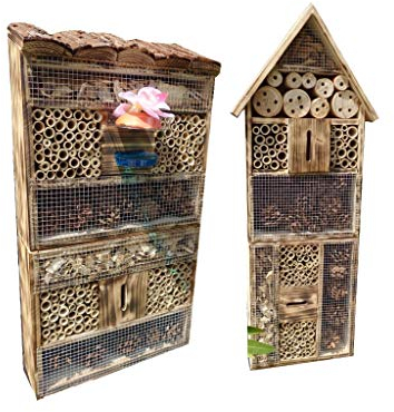 2 x XXL insektenhotels, Spitzdach groß + Flachdach hohe Form Bienenhaus mit 2X Standfuß UND TRÄNKE insektenhotel Holz Nistkasten GEFLAMMT-schwarz-, Natur-HOLZFARBEN