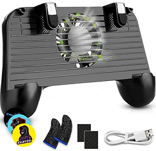 GAMR+ 4 Trigger Mobile Game Controller with Cooling Fan Adjustable Stand for PUBG/Call of Duty/Fotnite [6 Finger Operation] L1R1 L2R2 Gaming Grip Gamepad (Black.)