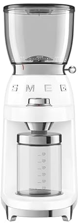 Smeg Moulin à café CGF01WHUK en aluminium, style rétro années 50, 8 réglages de programme et 3 niveaux de broyage, blanc