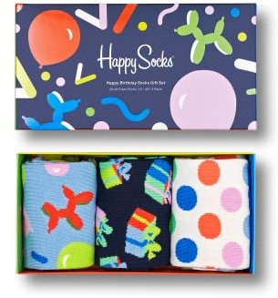 Happy Socks Lustige Feiertagsstile für Männer und Frauen – Geschenkbox-Sets zum Vatertag, Valentinstag (DE/NL/SE/PL, Numerisch, 36, 40, Regular, Regular, 3-Pack Happy Birthday Socks Gift Set)