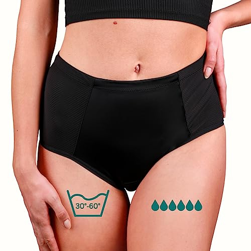 Taynie Highwaist Ultra schwarz Periodenunterwäsche Starke Blutung - Periodenwäsche - Menstruationsunterwäsche - ersetzt 6 Tampons, Periodenslip Tragedauer bis 12 Std., waschbar bis 60°C (44, Schwarz)