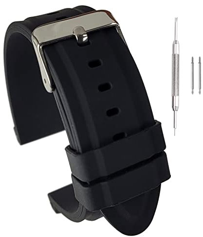 Buckle & Stitch Soft Silicone Diver Watch Strap | 22 mm Black | Waterproof Rubber Replacement Dive Watch Band | The Perfect Divers All-Rounder | Springs Bars & Tool Included (22mm, Black)