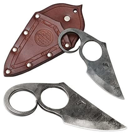 Toferner Forjado a mano – Cuchillo de dos dedos – Hoja endurecida – Hecho a mano – Estuche de cuero genuino – Colección de arte – Antigüedad