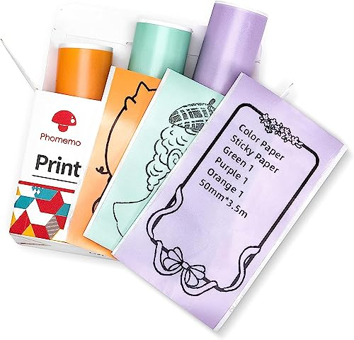 Phomemo T02/M02X/M02L/Q02 Aufkleberpapier – 3 Rollen selbstklebendes Thermodruckerpapier, 53 mm x 3,5 m, 10 Jahre Konservierung, Schwarz auf Grün/Lila/Orange